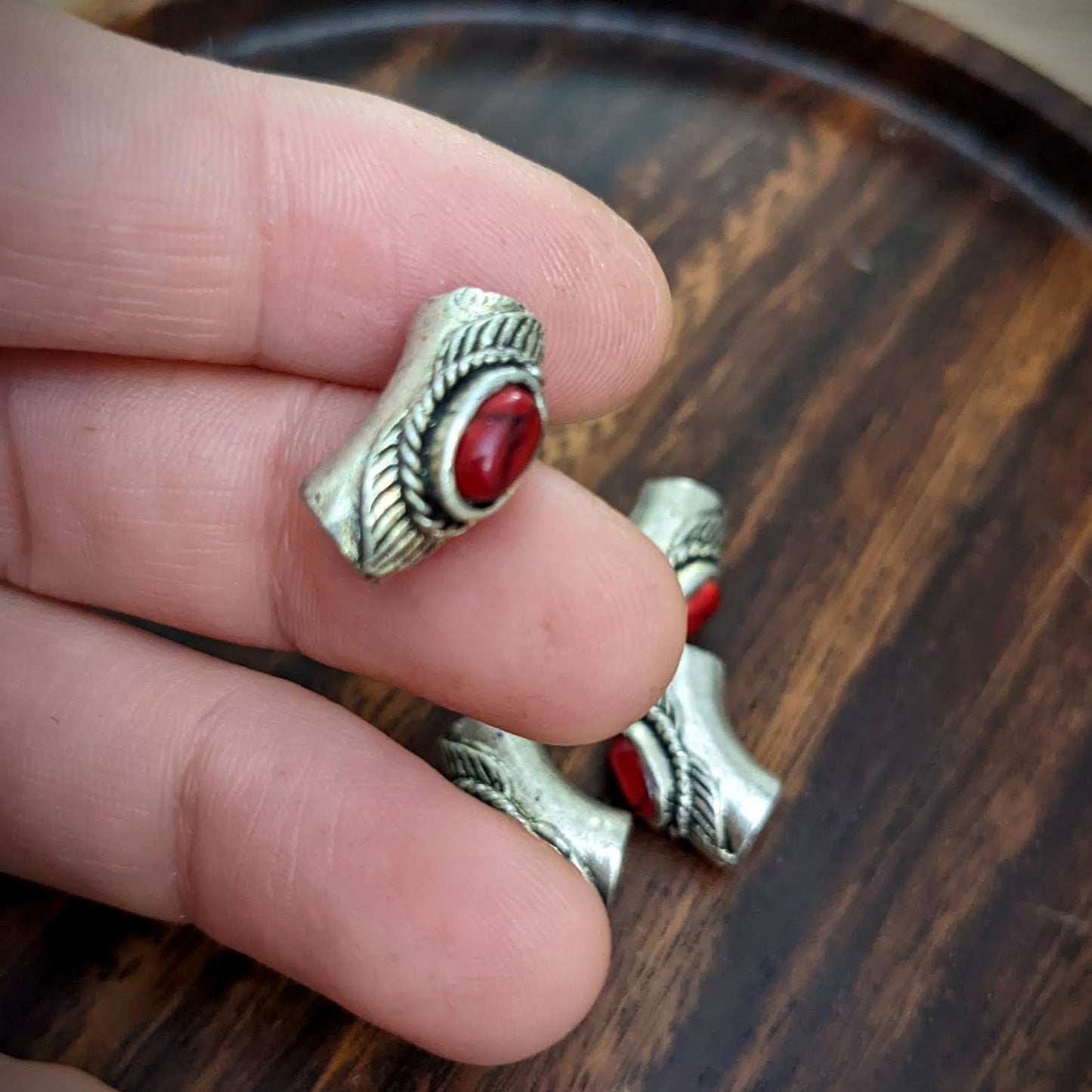 Metal beads red stone