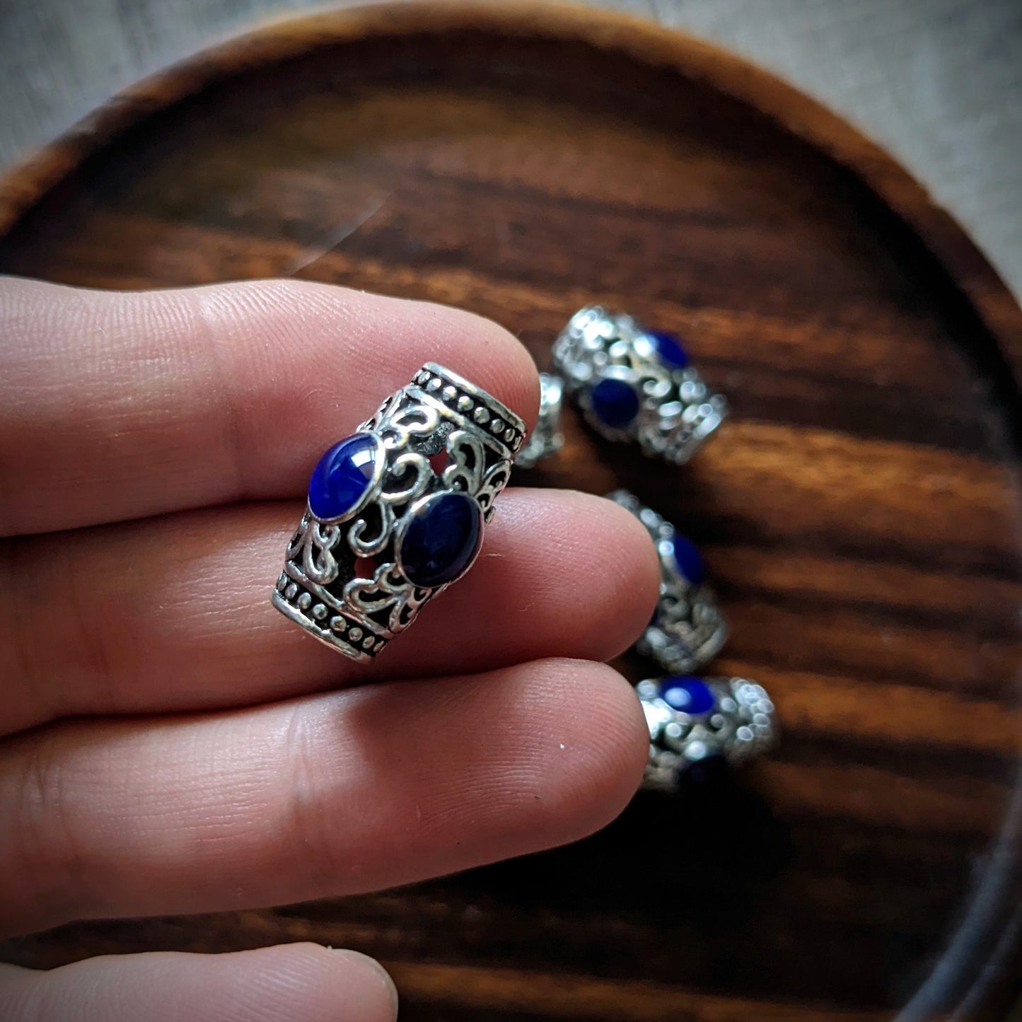 Metal beads with blue stone